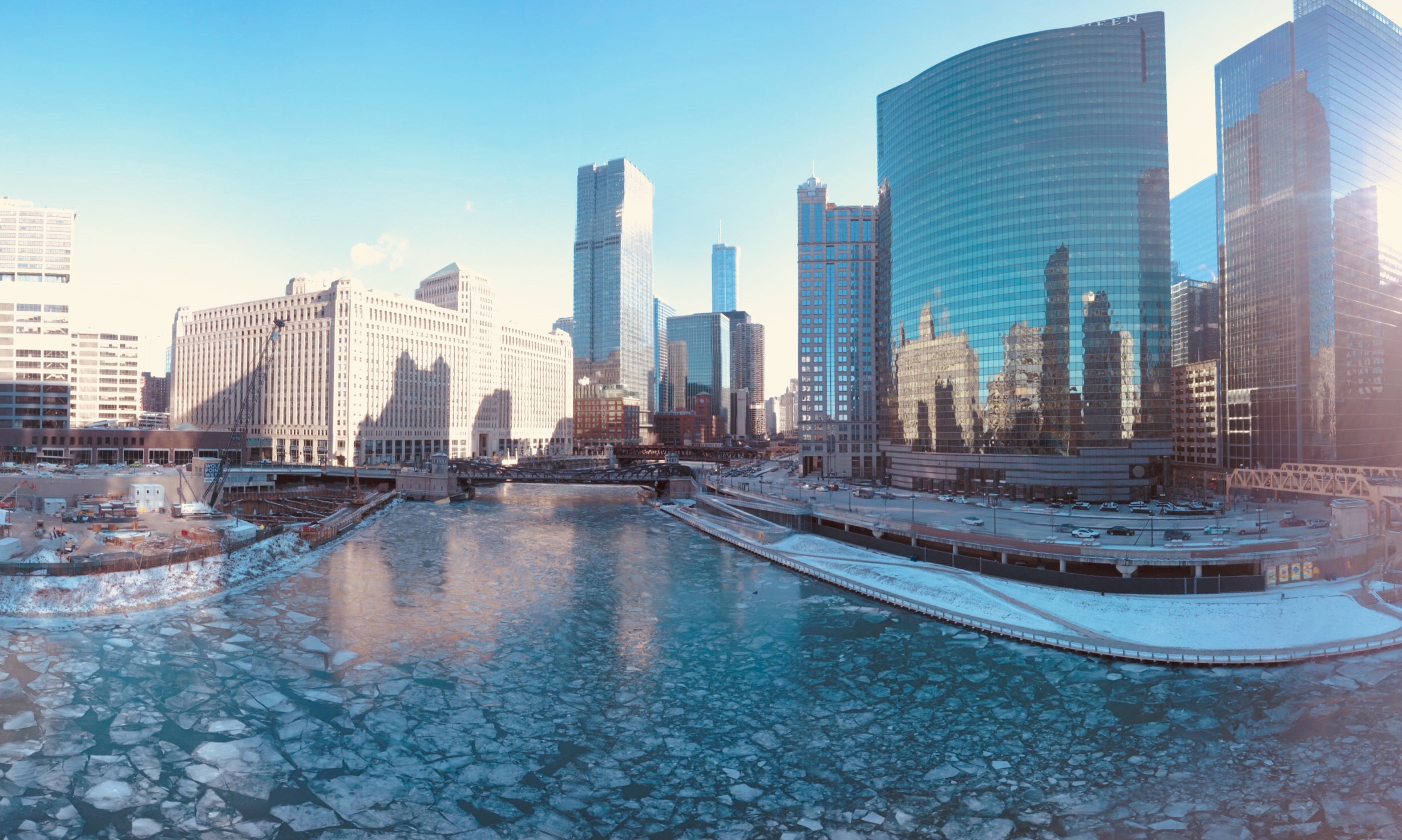 Aerial view of the frozen Chicago River